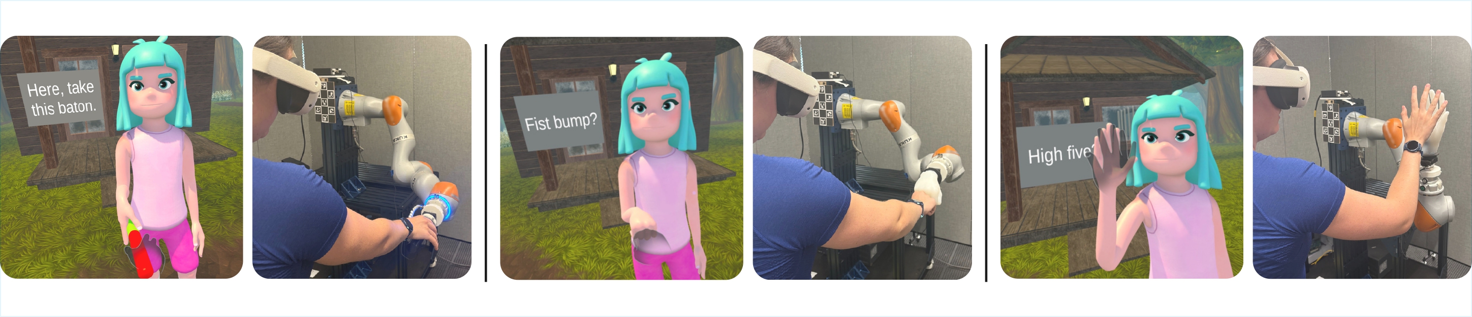 Teaser figure showing both physical and virtual interactions for each interaction